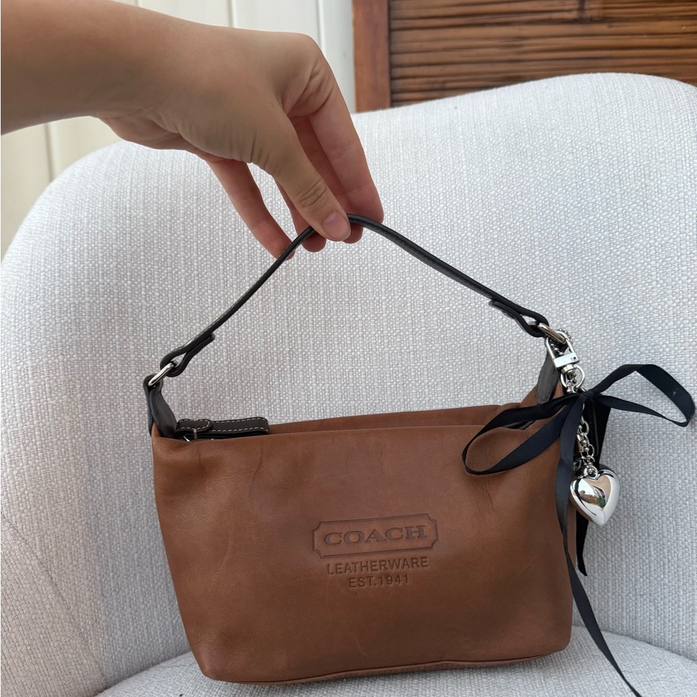 Coach Tan Leather Shoulder Bag with Heart Charm